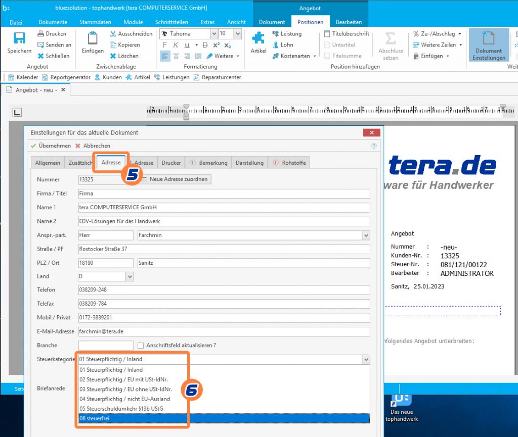 Screenshot von blue:solution tophandwerk mit Anweisung für Umstellung der Umsatzsteuerbefreiung